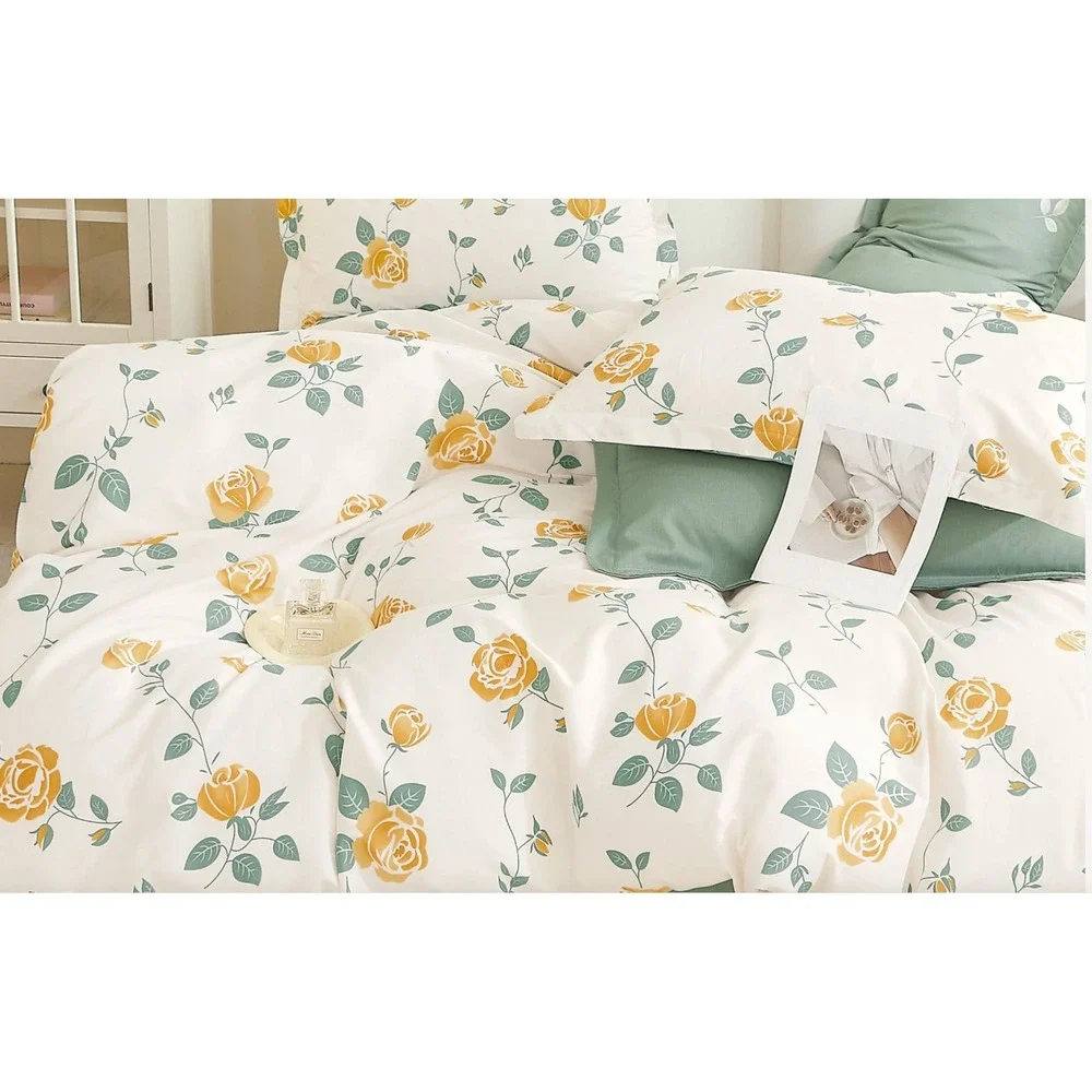 Boom Casa Yellow Green‎ Rose Floral 100% Cotton Reversible Comforter Set Queen